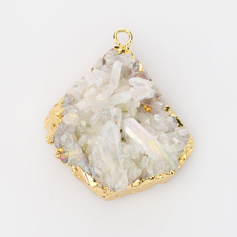 Gold Plated Angel Aura Quartz Titanium AB White Cluster Point Charm, Big Raw Crystal Pendant G2093