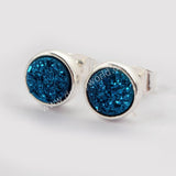 8mm Round Natural Agate Titanium Druzy Stud Earrings Silver Plated ZS0328