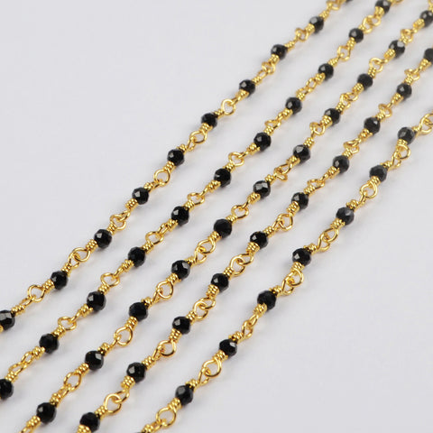 16 Feet of Natural Black Spinel Beads Faceted Rosary Chains In Gold Plated JT251