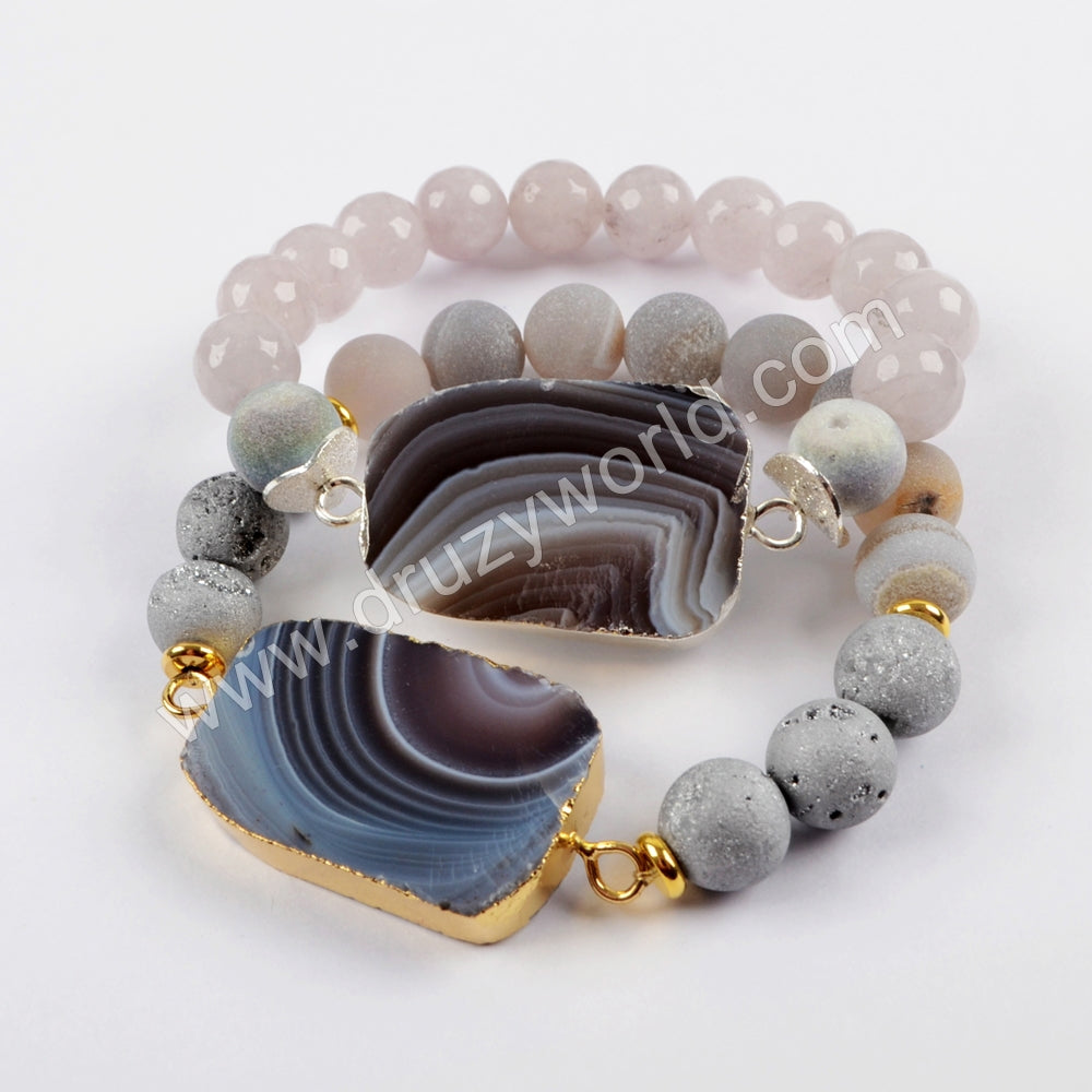 Gold Plated Botswana Agate With 10mm Multi Stone Beads Bracelet G1634
