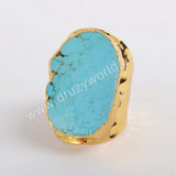 Freeform Blue Howlite Turquoise Gold Band Ring, Boho Jewelry Gemstone Ring G0208