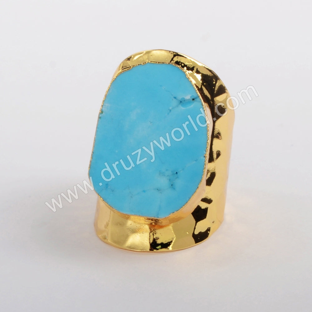 Freeform Blue Howlite Turquoise Gold Band Ring, Boho Jewelry Gemstone Ring G0208