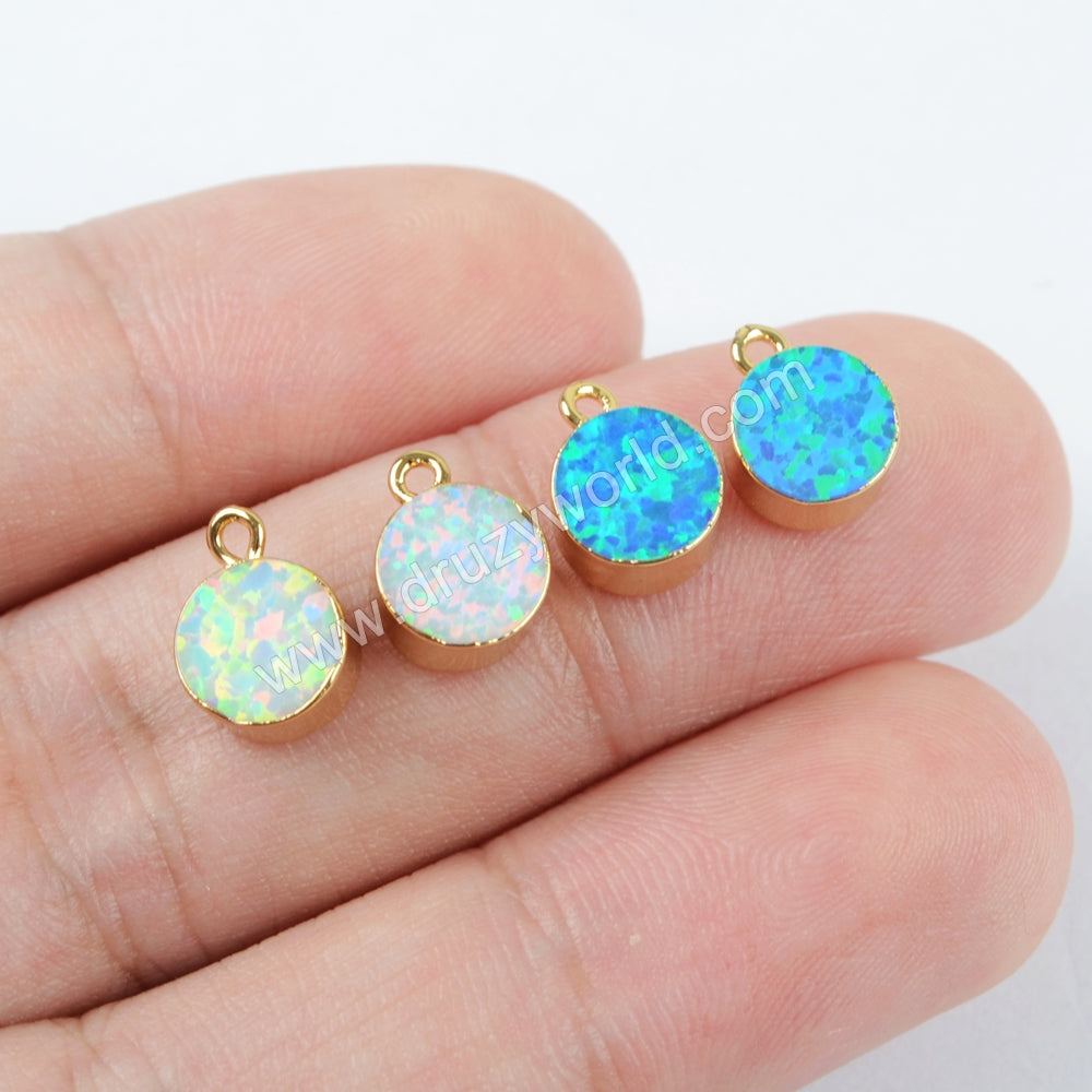 7mm Round Gold Plated White / Blue Opal Charm Pendant Jewelry Making G1469