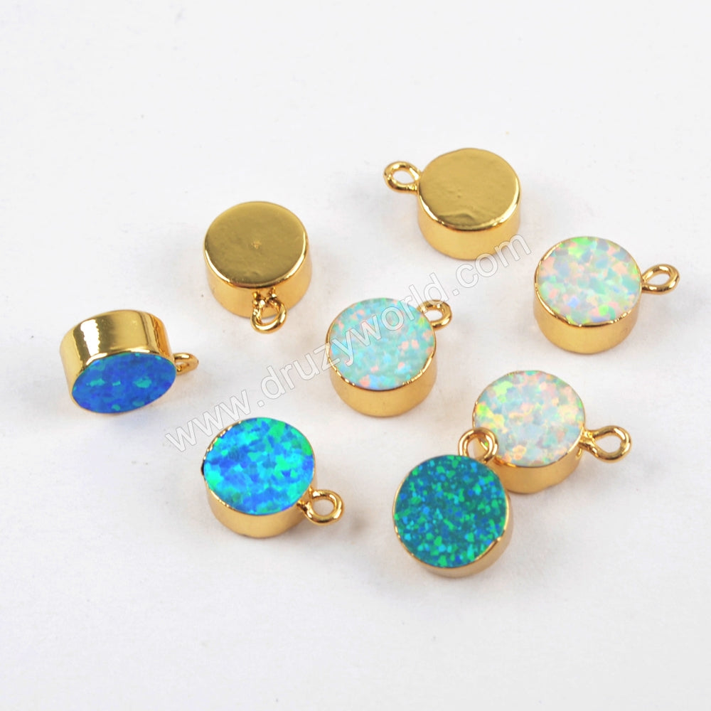 7mm Round Gold Plated White / Blue Opal Charm Pendant Jewelry Making G1469
