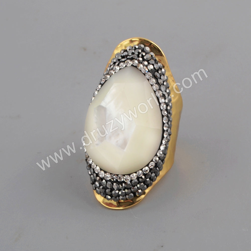 Rhinestone Pave Teardrop Natural White Shell Facted Gold/Silver Band Ring JAB959