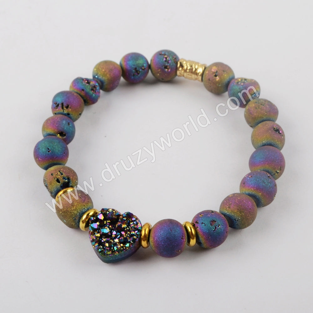 Rainbow Heart Titanium Druzy Bead Bracelet G1894
