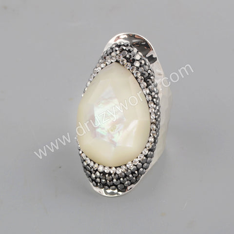 Rhinestone Pave Teardrop Natural White Shell Facted Gold/Silver Band Ring JAB959