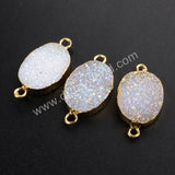 Gold Plated Oval Natural Agate Titanium Rainbow Druzy Connector G1073