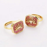 Octagon Gemstone CZ Eye Adjustable Gold Plated Rings, Turquoise Larimar Rhodochrosite Jewelry Ring ZG0462