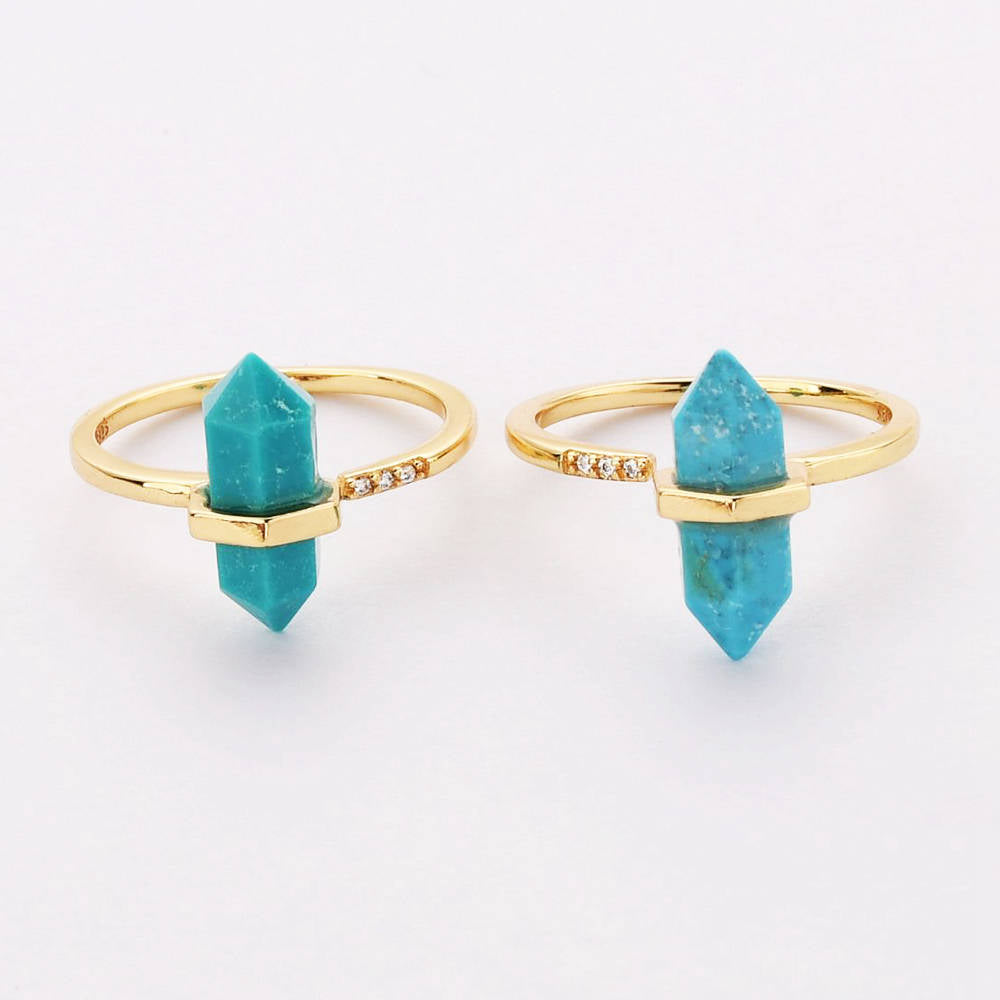 Gold Plated Natural Gemstone Crystal Terminated Point Rings Faceted Turquoise Moonstone Larimar Rhodochrosite ZG0461