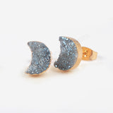 Crescent Moon Natural Agate Titanium Rainbow Druzy Stud Earrings Gold Plated Crystal Jewelry G0913