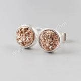 Round 8mm Silver Plated Bezel Natural Agate Titanium Druzy Stud Earrings, Drusy Jewelry ZS0198