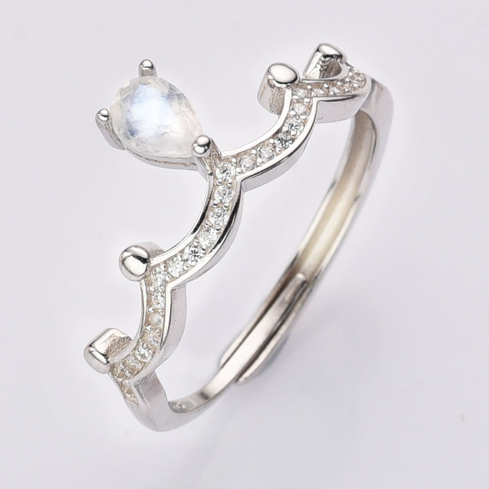S925 Sterling Silver Crown Natural Moonstone Faceted Drop Ring Zircon Ring, Healing Crystal Stone Jewelry Ring SS239RG