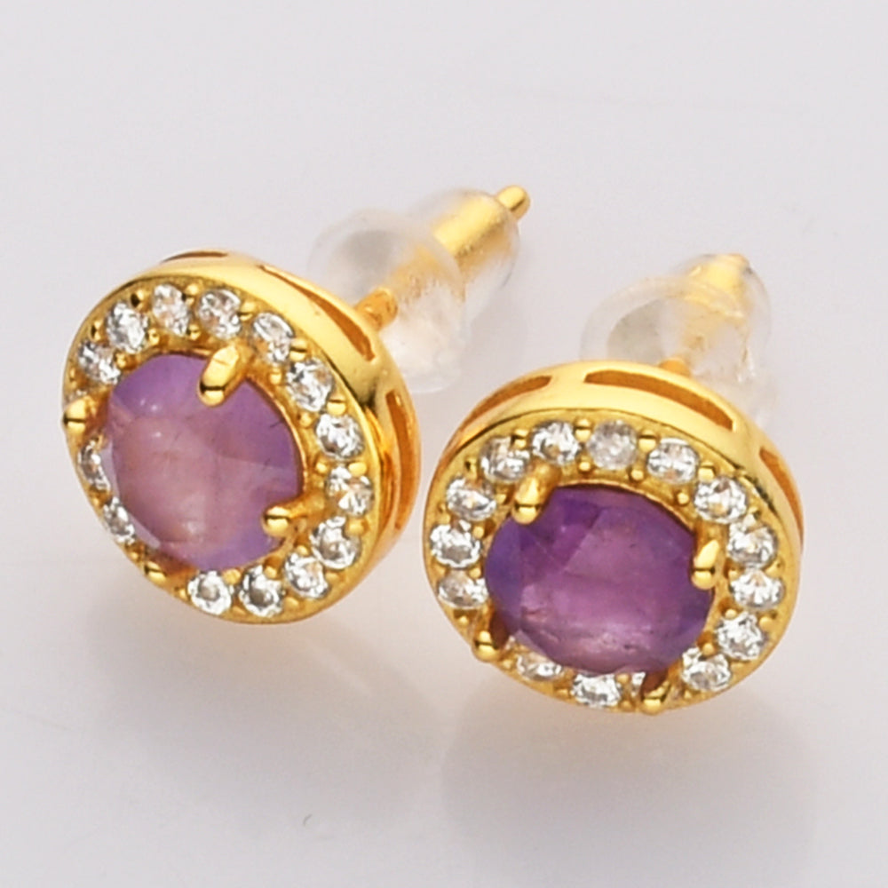 S925 Sterling Silver Gold Round Gemstone CZ Micro Pave Stud Earrings, Dainty Earrings, Healing Crystal Amethyst Aquamarine Rose Quartz Moonstone Jewelry SS216