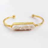 Long Hexagon Gold Plated Bezel Titanium AB White Druzy Bar Bangle Bracelet, Agate Drusy Crystal Jewelry Cuff ZG0274