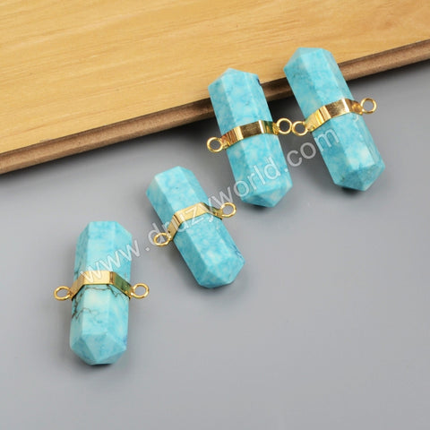 Gold Plated Hexagon Howlite Turquoise Faceted Connector Double Bails G1010