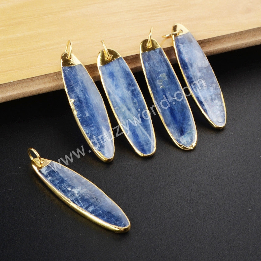 Gold Plated Long Oval Natural Kyanite Charm Pendant G1023