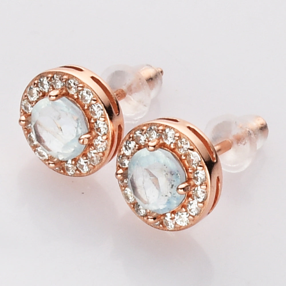 S925 Sterling Silver Rose Gold Round Gemstone Stud Earrings, Healing Crystal Amethyst Aquamarine Rose Quartz Moonstone Jewelry SS218