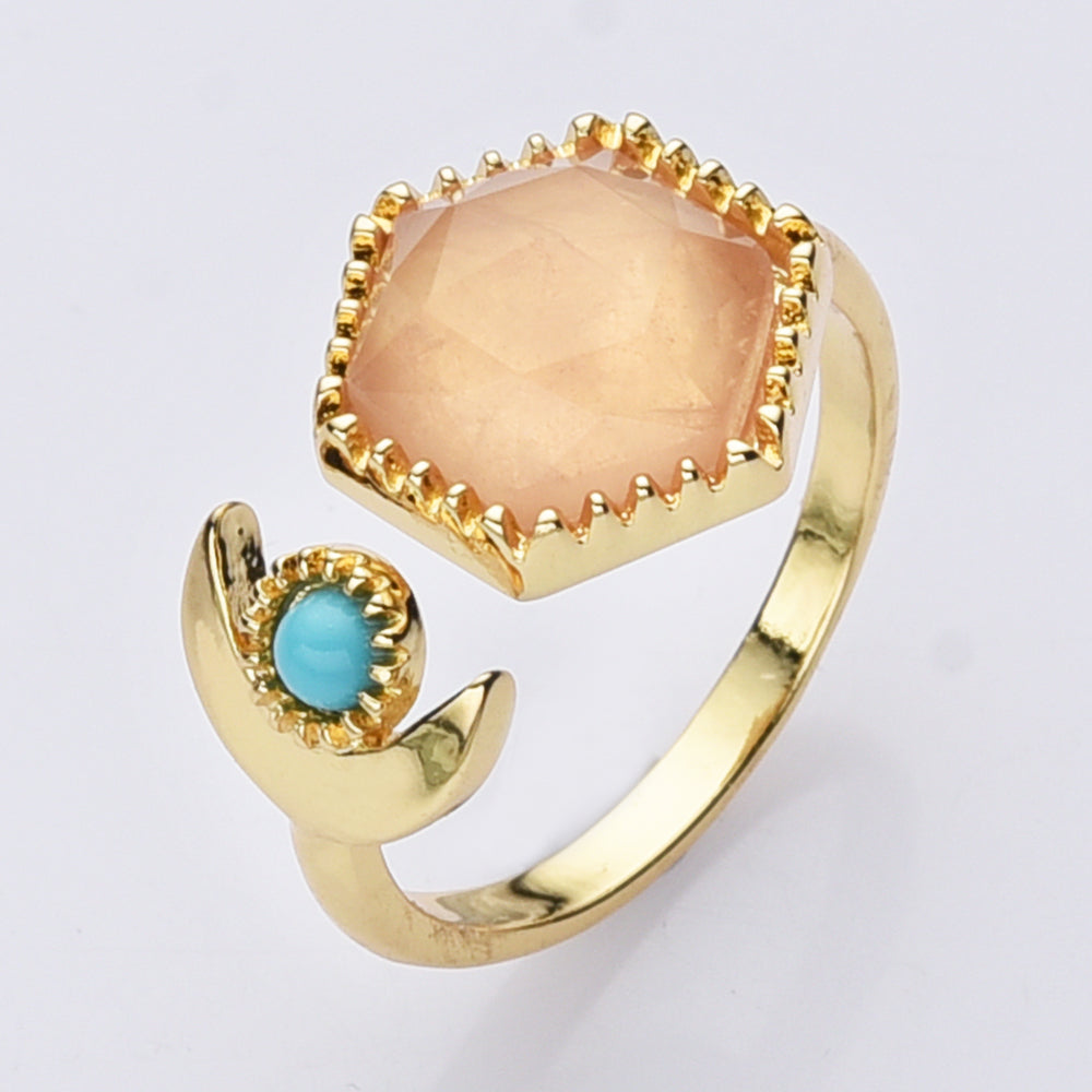 Hexagon Rose Quartz Ring, Gold Plated Brass Gemstone Faceted Ring, Adjustable Open Ring, Natural Crystal Jewelry WX2195