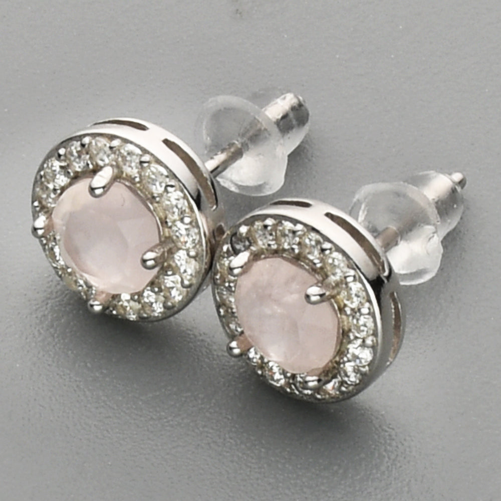 S925 Sterling Silver Round Gemstone CZ Micro Pave Stud Earrings, Healing Crystal Amethyst Aquamarine Rose Quartz Moonstone Jewelry SS217