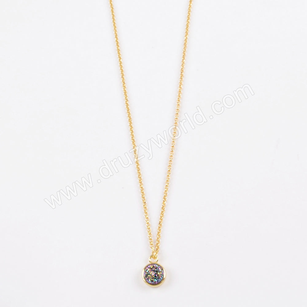 24" Adjustable Gold Plated Bezel Round Rainbow Titanium Druzy Necklace ZG0369