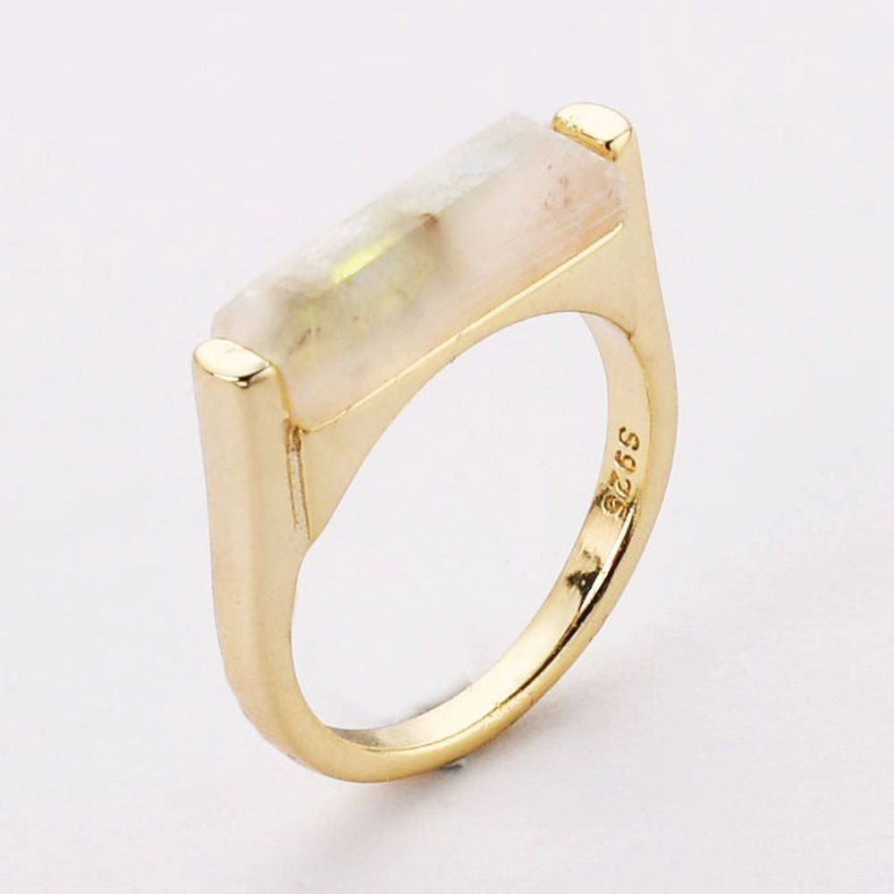 Gold Plated Natural Gemstone Crystal Rings Faceted Copper Turquoise Moonstone Labradorite Bar Ring ZG0463