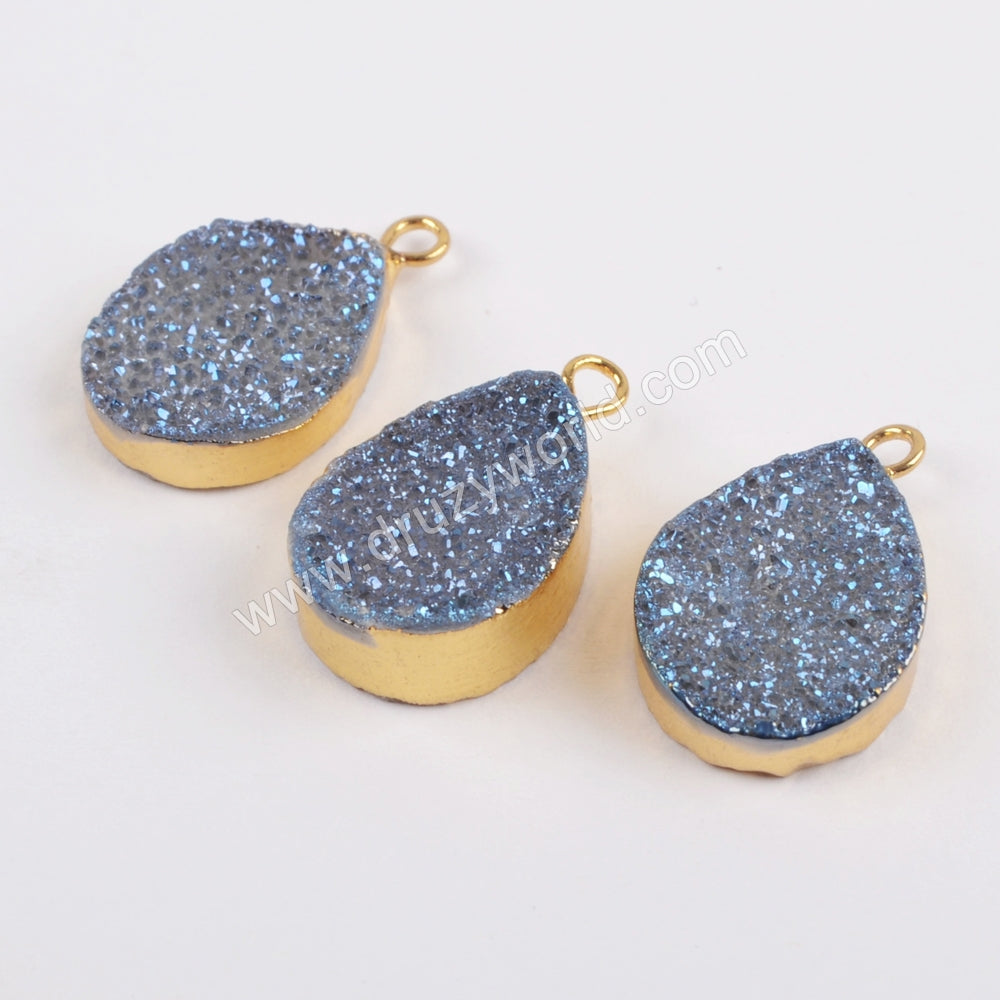 Teardrop Rainbow Titanium Natural Druzy Charm Gold Plated, Crystal Drusy Charm For Jewelry Making  G1455