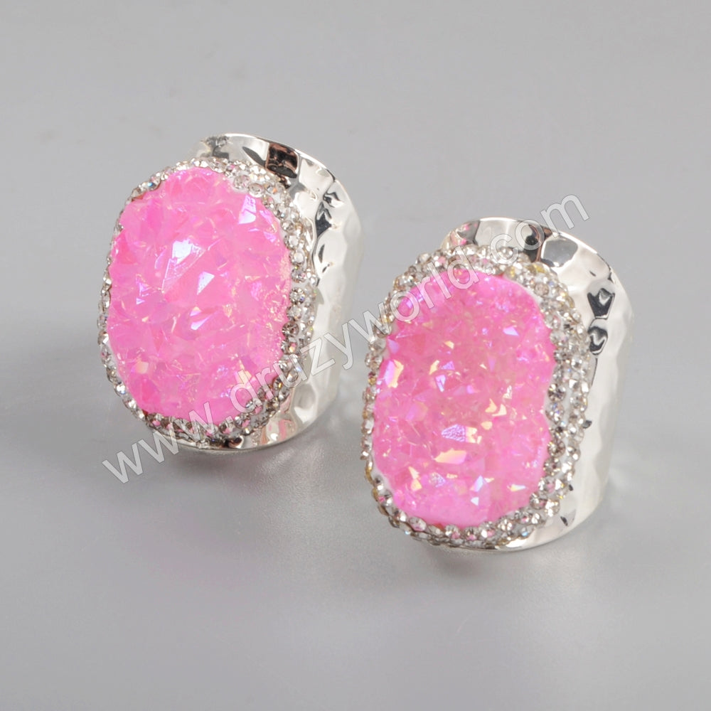 Rhinestone Pave Oval Titanium Pink Druzy Geode Silver Band Ring JAB965