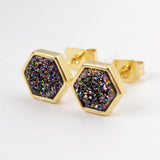 Hexagon Gold Plated Bezel Rainbow Titanium Druzy Studs Earrings ZG0275