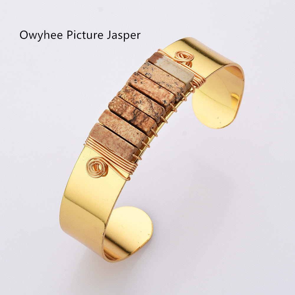 Gold Plated Brass Wire Wrap Gemstone Bangle Bracelet, Crystal Stone Cuff WX2197