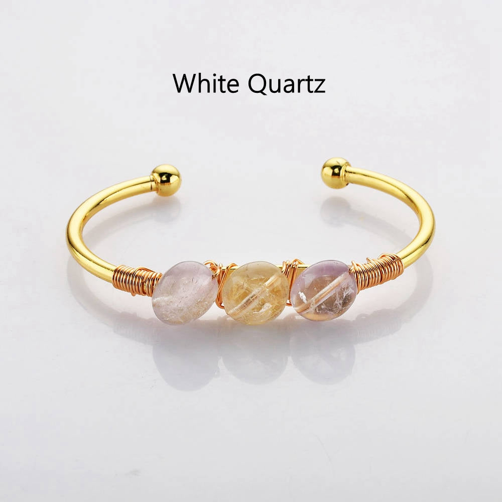 white quartz bracelet Gold Plated Brass Wire Wrap Gemstone Bangle Bracelet Healing Crystal Stone Bracelet Handmade Boho Jewelry WX2075