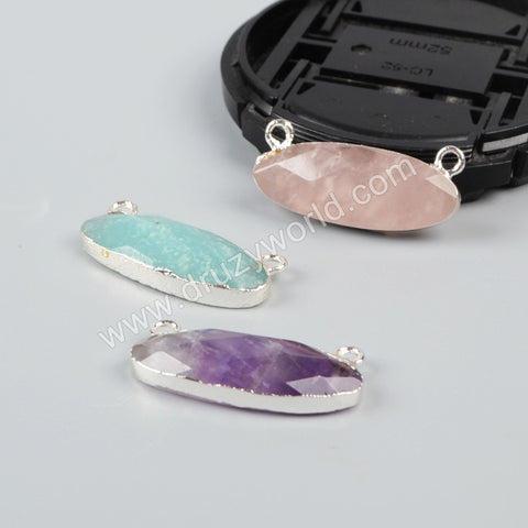 Oval Shape Multi-Kind Faceted Stones Connector Double Bails Silver Plated S0943