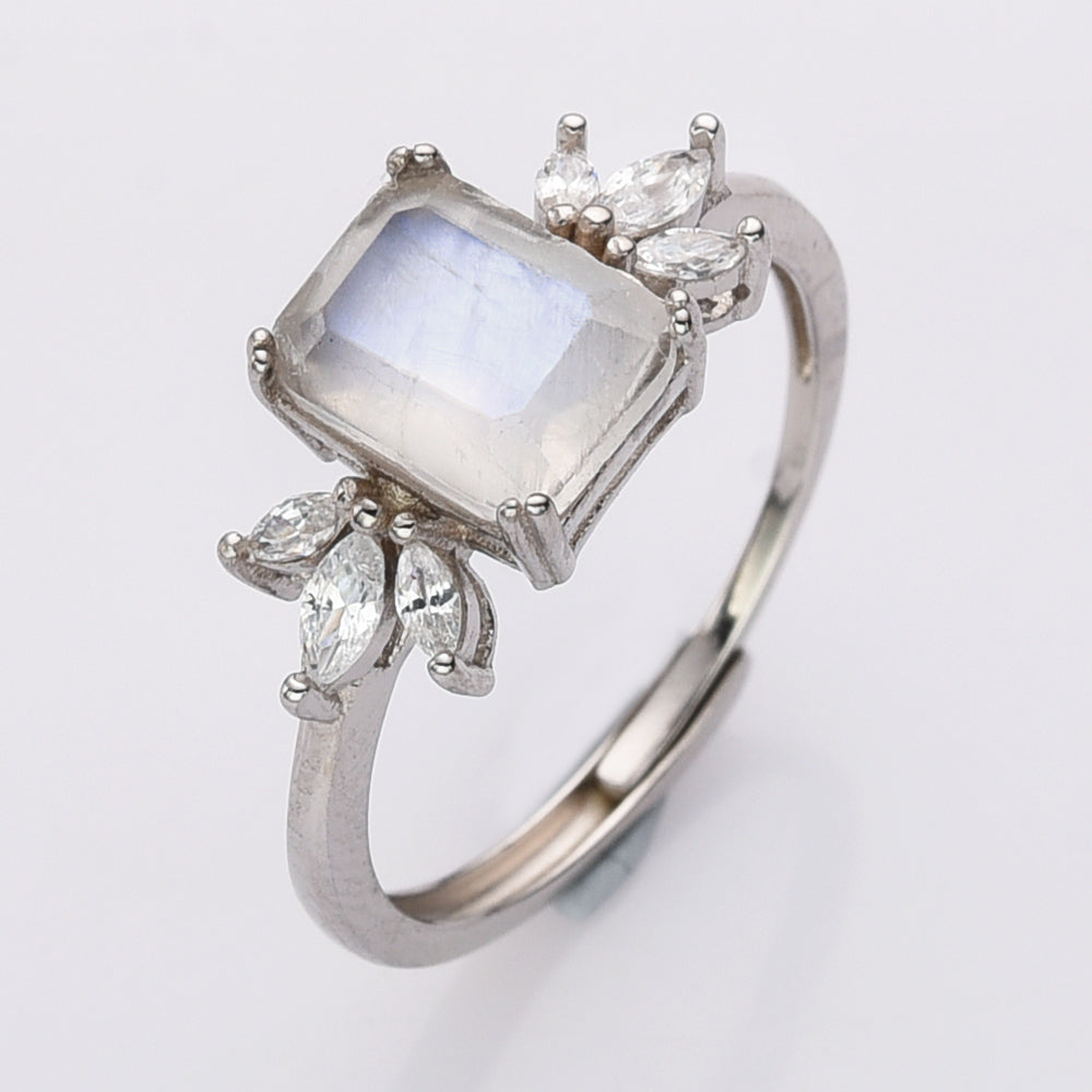 Rectangle 925 Sterling Silver Moonstone CZ Ring, Adjustable Size, Faceted Crystal Ring, Wholesale Jewlery LM012