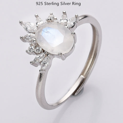 S925 Sterling Silver Oval Moonstone Faceted CZ Ring, Adjustable Zircon Crown Ring Jewelry SS238RG