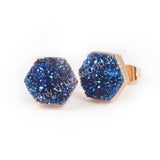 Gold Plated Hexagon Natural Agate Titanium Rainbow Druzy Stud Earrings G0907