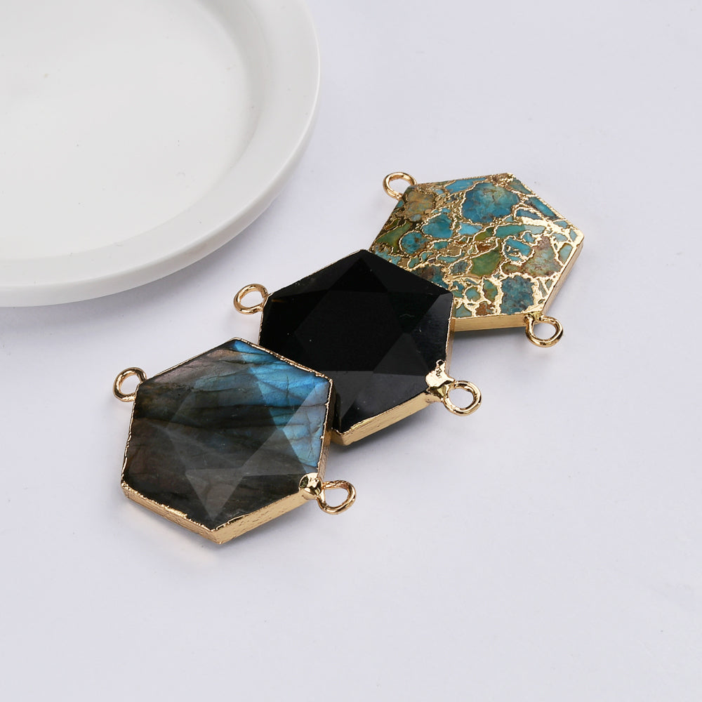 Gold Plated Hexagon Copper Turquoise Black Obsidian Labradorite Faceted Connector G2061