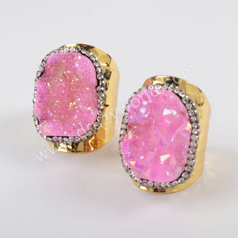 Rhinestone Pave Titanium Pink Druzy Geode Gold Band Ring JAB964