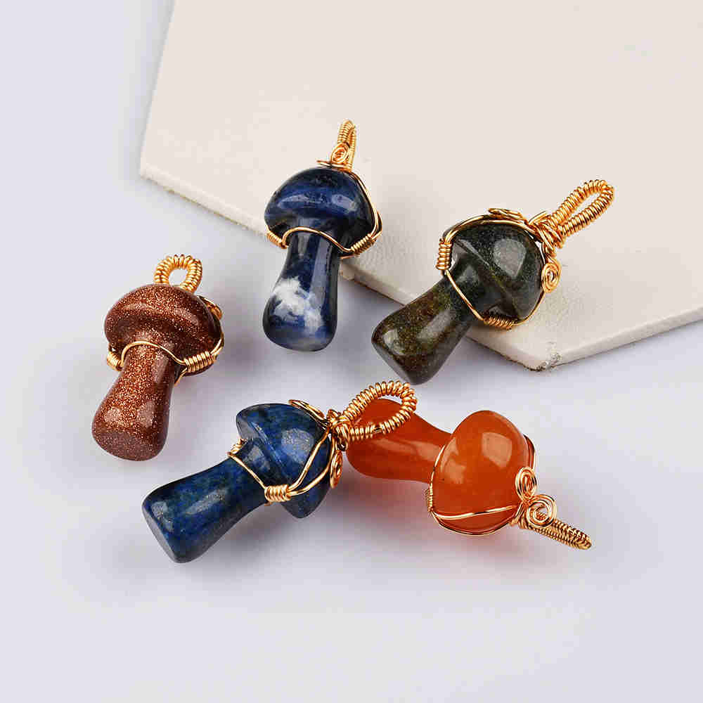 Small Mushroom Crystal Gemstone Pendant Wire Wrap Healing Crystal Stone Jewelry WX2121 