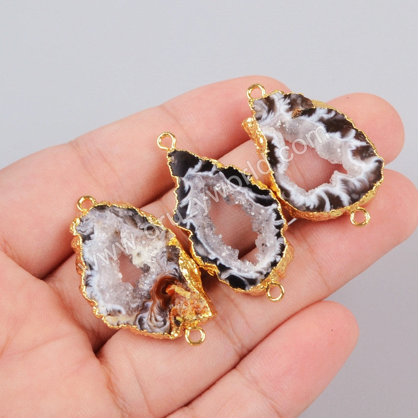 Gold Plated Freeform Natural Onyx Agate Druzy Slice Connector Double Bails, For Jewelry MakingG0952