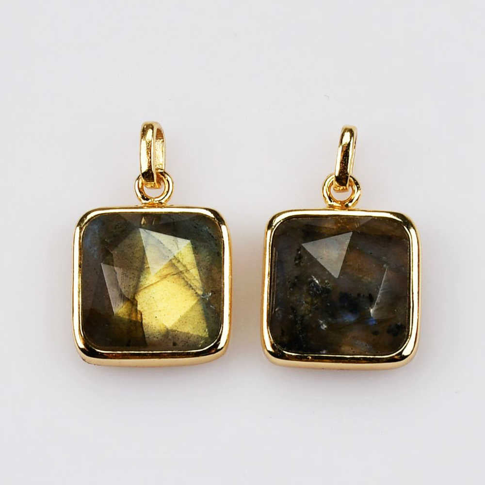 Small Square Gold Bezel Briolette Gemstone Pendant Natural Labradorite Moonstone Copper Turquoise Healing Crystal Pendants Necklace ZG0470