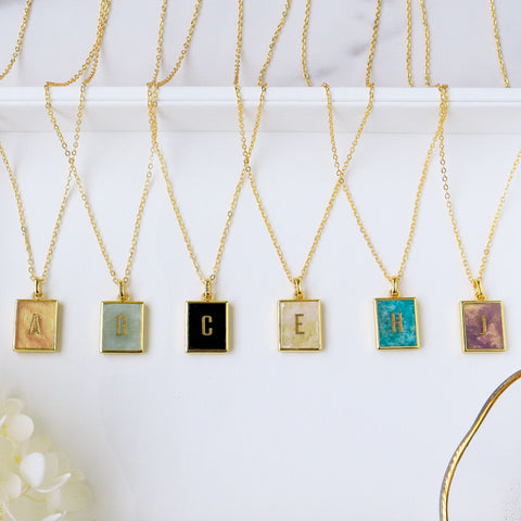 Personalized 16" Gold Plated Bezel Rectangle Amethyst Rose Quartz Turquoise Gemstone Letter Necklace, Custom Letter Jewelry KZ014-N