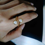 Gold Plated Bezel Round Double Natural Pearl Ring, Adjustable Fashion Pearl Jewelry ZG0450