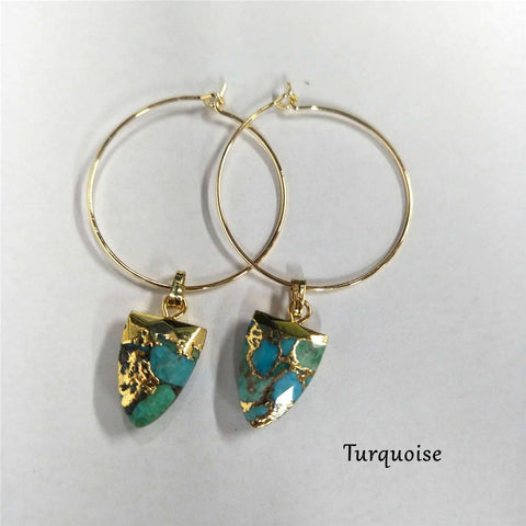 Shield Gemstone Hoop Earrings, Amethyst Labradorite Turquoise Gold Earrings, Boho Jewelry AL190