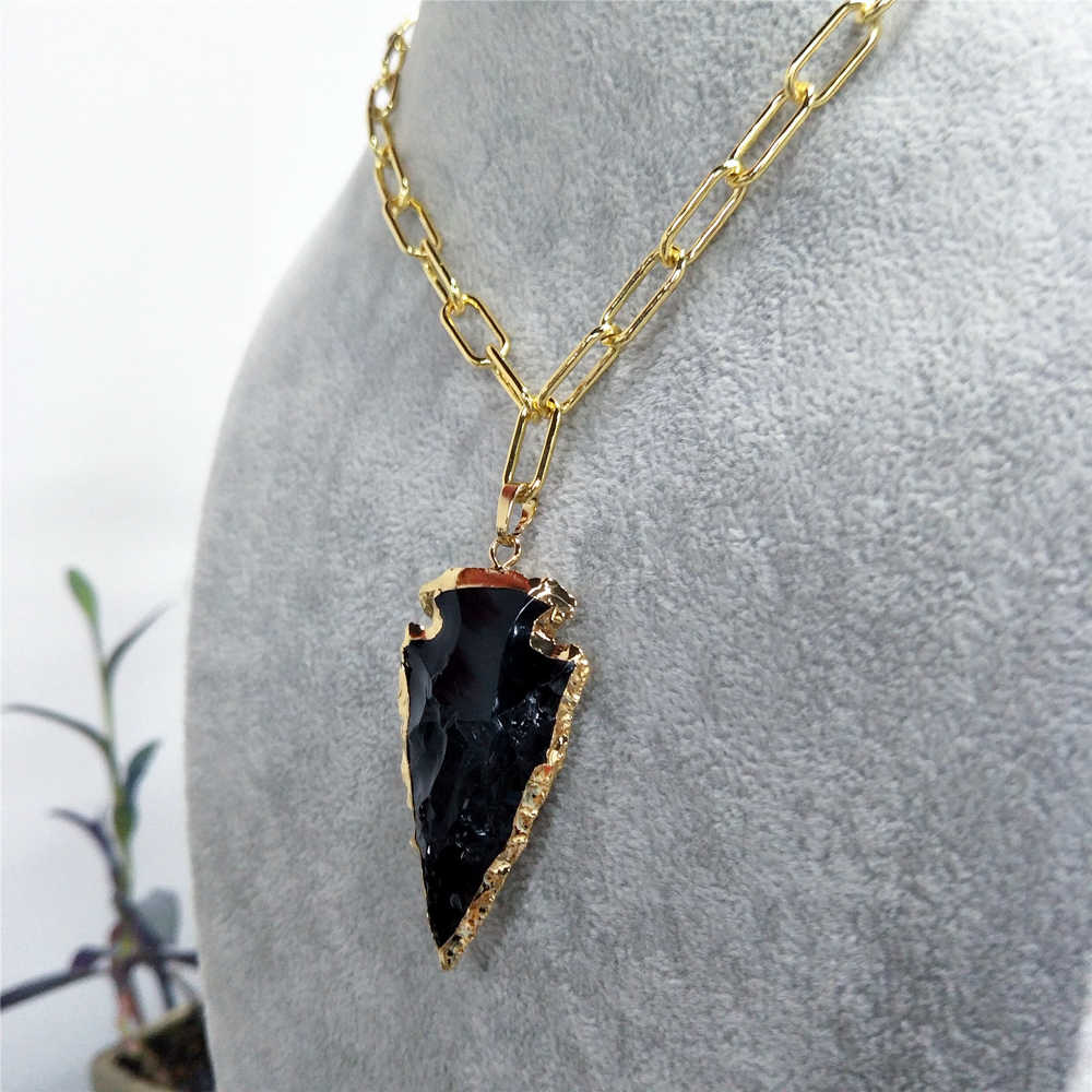 Arrowhead Obsidian Pendant Gold Chain Necklace AL203