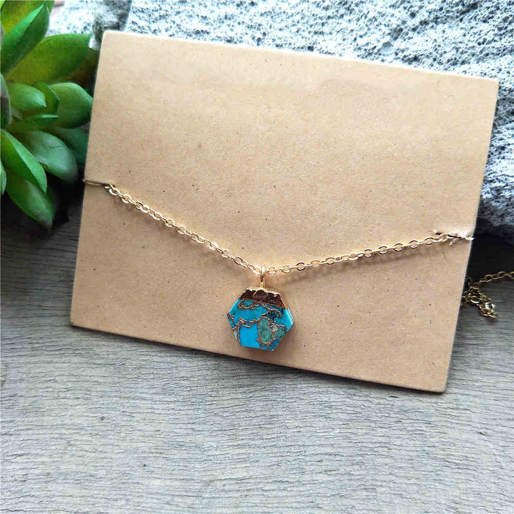 Hexagon Gold Turquoise Charm Necklace ED001