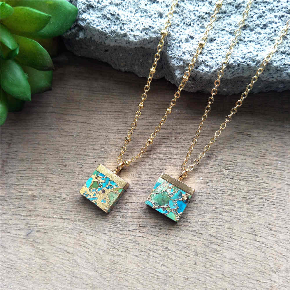 Square Gold Tiny Turquoise Charm Necklace ED001