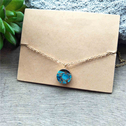 Round Gold Tiny Turquoise Charm Necklace ED001