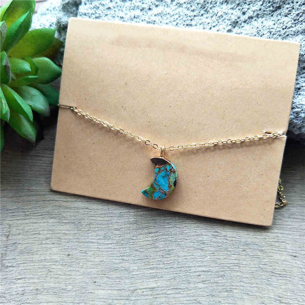 Crescent Moon Gold Tiny Turquoise Charm Necklace ED001