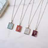 Personalized 16" Silver Plated Bezel Rectangle Rainbow Gemstone Letter Necklace, You Choose Stone and Letter KZ034-N