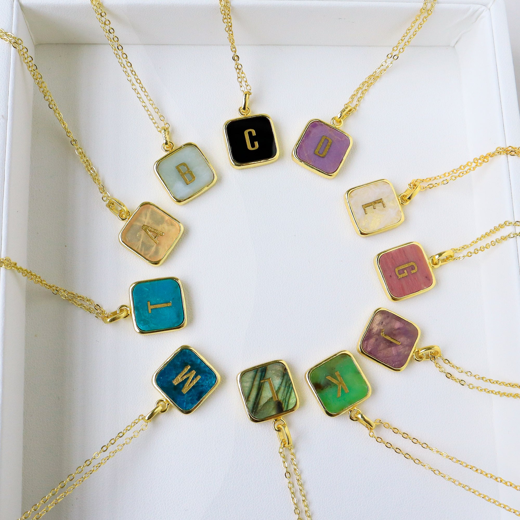 16" Gold Plated Square Rainbow Gemstone Initial Letter Necklace, Healing Crystal Jewelry KZ012